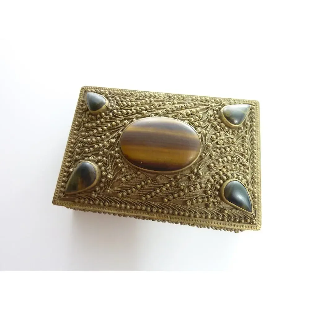Vintage Tibetan Filigree Brass Trinket Box Nepal Tigers Eye Jewelry Chest MCM